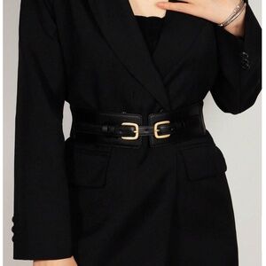 Vegan Faux Leather PU Black Belt Stretchy Back Yellow Gold Tone Buckle